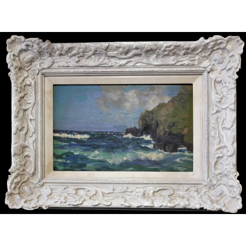 545 - AN EARLY 20TH CENTURY OIL ON PANEL, COASTAL LANDSCAPE
Bearing label verso ‘Algernon Talmage’, in a d... 