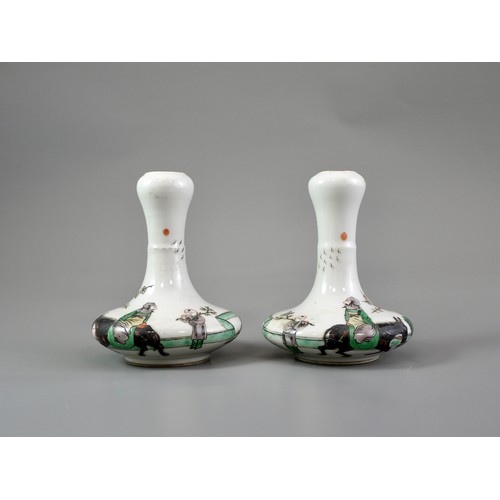 433 - A PAIR OF SMALL LATE 19TH CENTURY FAMILLE VERTE BOTTLE VASES
Each with body of compressed form risin... 