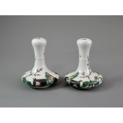 433 - A PAIR OF SMALL LATE 19TH CENTURY FAMILLE VERTE BOTTLE VASES
Each with body of compressed form risin... 