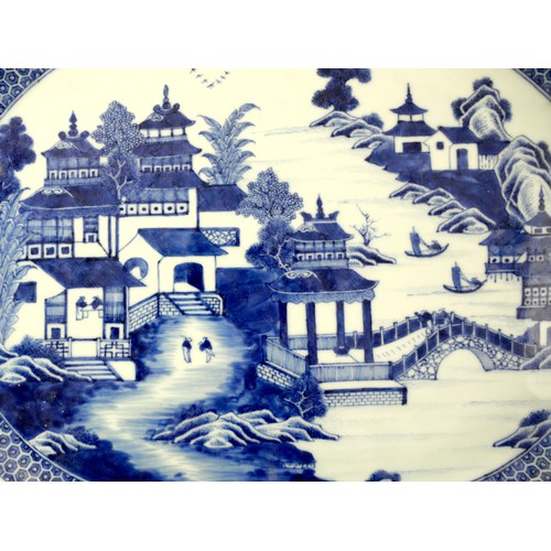 434 - A GOOD PAIR OF BLUE AND WHITE QIANLONG ‘LANDSCAPE’ MEAT DISHES
Both with a well painted central meda... 