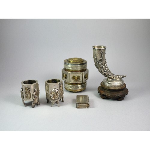 440 - A GROUP OF CHINESE EXPORT SILVER ITEMS
Comprising a horn of plenty, wood stand, a pair of salts with... 