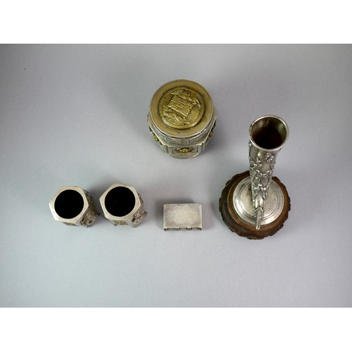 440 - A GROUP OF CHINESE EXPORT SILVER ITEMS
Comprising a horn of plenty, wood stand, a pair of salts with... 