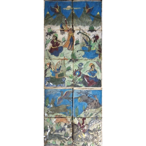 139 - A COMPLETE SET OF TEN PERSIAN OTTOMAN EARTHENWARE SQUARE TILES
Polychrome painted with a raised tech... 