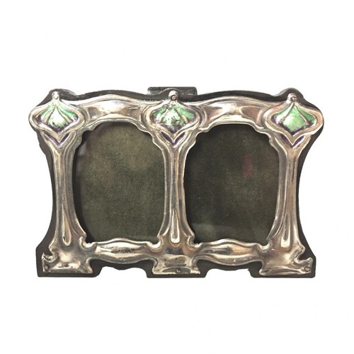 35 - A STERLING SILVER AND ENAMEL ART NOUVEAU STYLE SMALL DOUBLE PHOTOGRAPH FRAME.
(h 8cm x length 11cm)
... 