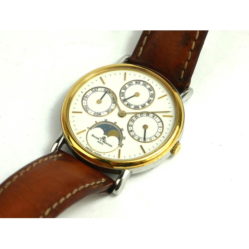 59 - BAUME AND MERCIER, AN 18CT GOLD PLATE AND STAINLESS STEEL TRIPLE CALENDAR MOONPHASE GENT’S WRISTWATC... 