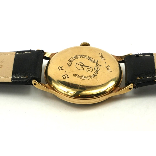 26 - GARRARD, A VINTAGE 9CT GOLD GENT’S WRISTWATCH
Silver tone dial with gilt number markings and subsidi... 