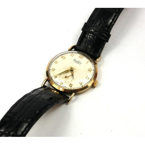 28 - BENTINA, A VINTAGE 9CT GOLD GENT’S WRISTWATCH
Silver tone dial with Arabic number markings and subsi... 