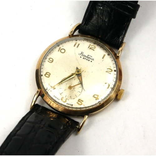 28 - BENTINA, A VINTAGE 9CT GOLD GENT’S WRISTWATCH
Silver tone dial with Arabic number markings and subsi... 