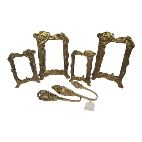 40A - TWO PAIRS OF BRASS ART NOUVEAU DESIGN ORGANIC FORM PHOTOGRAPH FRAMES
With a standing maiden, glazed ... 