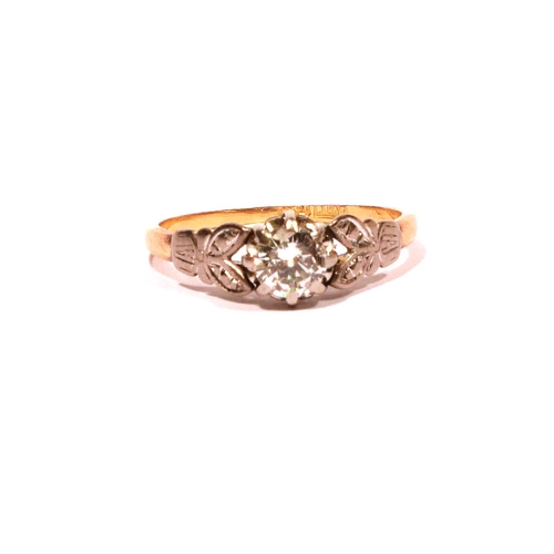 43 - A VINTAGE 18CT GOLD AND DIAMOND SOLITAIRE RING
The single round cut diamond in an 18ct gold shank fl... 