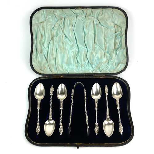 47A - WILLIAM HUTTON, A SET OF SIX APOSTLE LATE VICTORIAN HALLMARKED SILVER TEASPOONS AND MATCHING SUGAR T... 