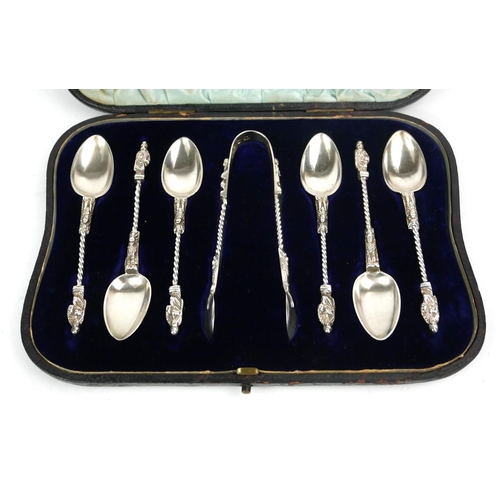 47A - WILLIAM HUTTON, A SET OF SIX APOSTLE LATE VICTORIAN HALLMARKED SILVER TEASPOONS AND MATCHING SUGAR T... 