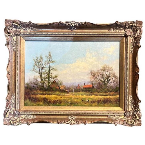 476 - JAMES WRIGHT, BN 1935, OIL ON BOARD
Landscape, farmyard scene, figures with chickens, signed lower l... 