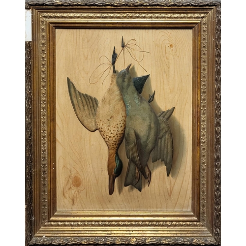 494 - A PAIR OF EARLY 20TH CENTURY PAINTINGS, DEAD GAMEBIRDS 
Raised decoration with print and tint techni... 