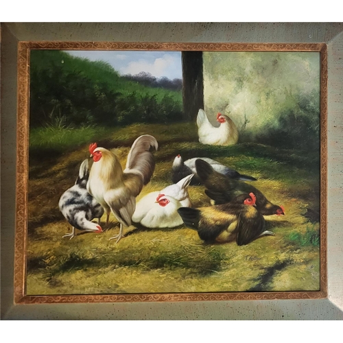 495 - A LATE 20TH CENTURY VICTORIAN SCHOOL OIL ON CANVAS, FARMYARD SCENE, GROUP OF CHICKENS
Monogrammed, i... 