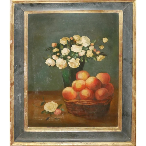 499 - LUCY NEIL, A MODERN BRITISH SCHOOL OIL ON BOARD
Still life study, roses in a vase and summer fruits ... 