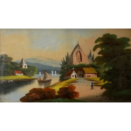 505 - A MID VICTORIAN ENGLISH SCHOOL REVERSE PAINTING ON GLASS, A RURAL NOSTALGIC LANDSCAPE VIEW
With figu... 