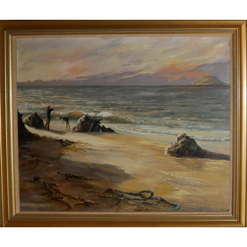 510 - ROGER JONES, A LARGE OIL ON BOARD 
Seascape, three figures on a beach, inscribed to verso ‘Beacomber... 