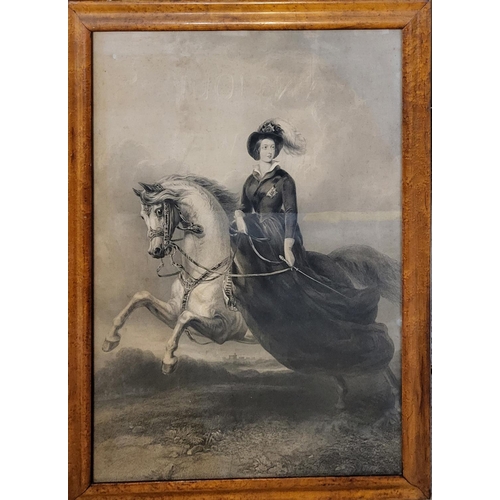 538 - A VICTORIAN EQUESTRIAN BLACK AND WHITE ENGRAVING
Titled 'Her Most Gracious Majesty Queen Victoria’, ... 