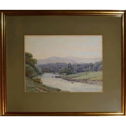 583 - ALFRED DE BREANSKI JNR, 1877 - 1945, WATERCOLOUR 
Landscape, river view with Tintern Abbey, signed l... 