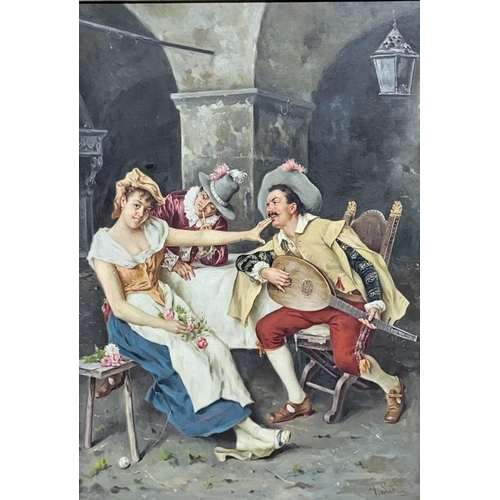 585 - A. SANIL, AN EARLY 20TH CENTURY OIL ON CANVAS
Tavern interior, with an amorous musician, signed and ... 