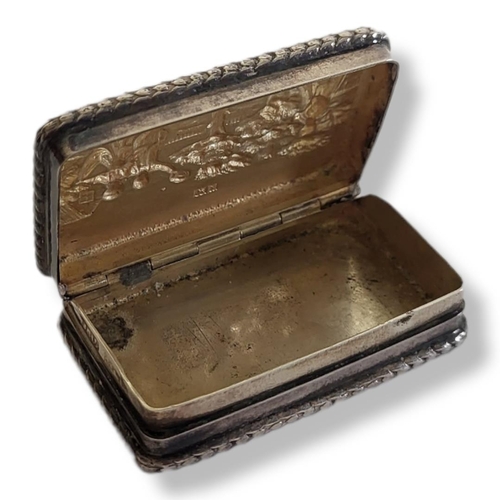 61 - A VINTAGE SILVER FIGURAL RECTANGULAR SNUFF BOX
With embossed rustic scene to lid, hallmarked ‘Bicent... 