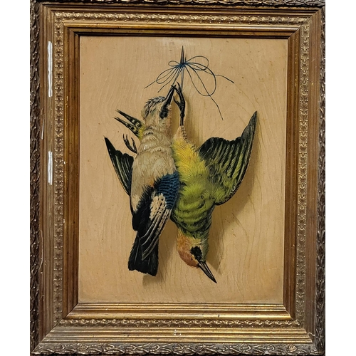 494 - A PAIR OF EARLY 20TH CENTURY PAINTINGS, DEAD GAMEBIRDS 
Raised decoration with print and tint techni... 