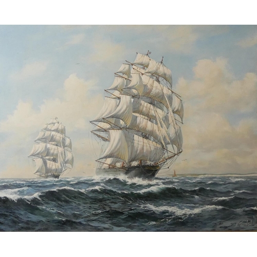 496 - K. JEPSON, BRITISH MODERN SCHOOL OIL ON CANVAS
Early summer seascape, two sailing galleons, signed b... 