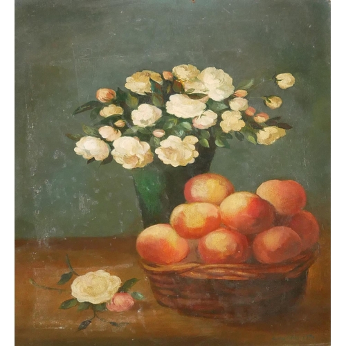 499 - LUCY NEIL, A MODERN BRITISH SCHOOL OIL ON BOARD
Still life study, roses in a vase and summer fruits ... 