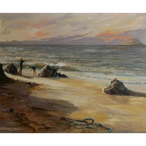 510 - ROGER JONES, A LARGE OIL ON BOARD 
Seascape, three figures on a beach, inscribed to verso ‘Beacomber... 