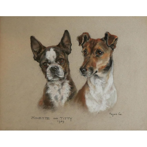 515 - MARJORIE COX, 1915 - 2003, PASTEL PORTRAIT OF TWO DOGS
Titled 'Minette and Titty’, dated 1959, frame... 