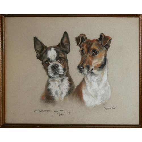 515 - MARJORIE COX, 1915 - 2003, PASTEL PORTRAIT OF TWO DOGS
Titled 'Minette and Titty’, dated 1959, frame... 