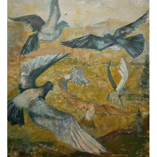 519 - BRUCE DOULTON, A MID 20TH CENTURY OIL ON CANVAS 
Titled 'Imperial Gardens', bird study, ,bearing Exh... 