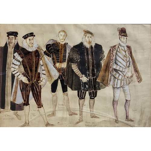 523 - A MID 20TH CENTURY BRITISH THEATRE DESIGN WATERCOLOUR, INK AND PENCIL STUDY
Four noblemen wearing El... 