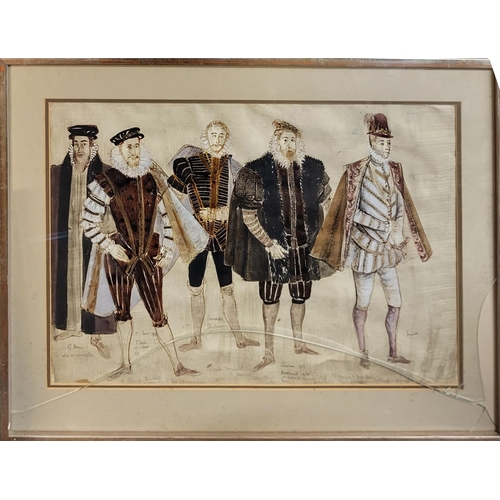 523 - A MID 20TH CENTURY BRITISH THEATRE DESIGN WATERCOLOUR, INK AND PENCIL STUDY
Four noblemen wearing El... 