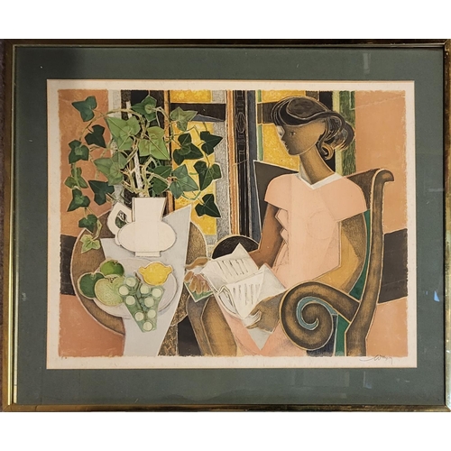 527 - WAY, MID 20TH CENTURY LITHOGRAPH
Lady in an armchair, along with a still life, bearing impressed mar... 