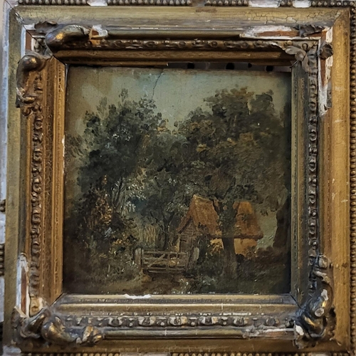 533 - AN 18TH CENTURY OIL ON BOARD, LANDSCAPE, COUNTRY GATE WITH COTTAGE
In a carved gilt frame.
(approx 1... 