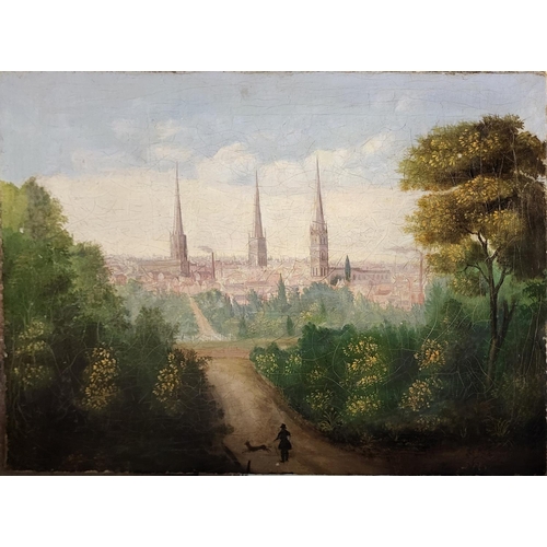 534 - A 19TH CENTURY OIL ON CANVAS LANDSCAPE, RUSTIC VIEW, THREE CHURCH SPIRE
(POSSIBLY COVENTRY).
(approx... 