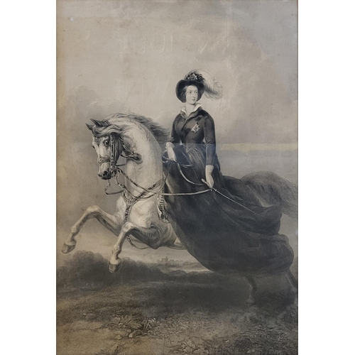 538 - A VICTORIAN EQUESTRIAN BLACK AND WHITE ENGRAVING
Titled 'Her Most Gracious Majesty Queen Victoria’, ... 