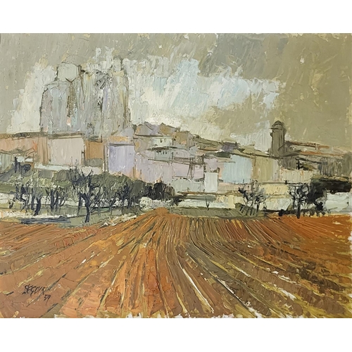 555 - A FRENCH MID CENTURY OIL ON BOARD, LANDSCAPE
Ploughed field with large building, signed lower left, ... 