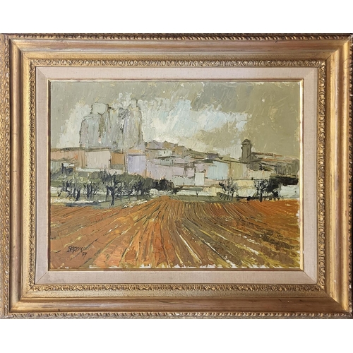 555 - A FRENCH MID CENTURY OIL ON BOARD, LANDSCAPE
Ploughed field with large building, signed lower left, ... 