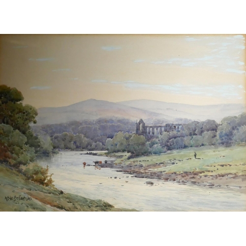 583 - ALFRED DE BREANSKI JNR, 1877 - 1945, WATERCOLOUR 
Landscape, river view with Tintern Abbey, signed l... 