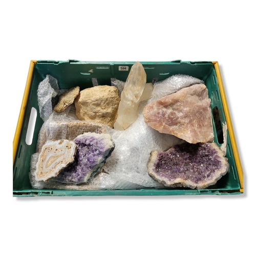 594 - A COLLECTION OF VARIOUS CRYSTALS 
To include amethysts, rose quartz rock crystal.
(average 23cm)

Co... 