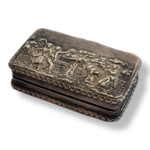 61 - A VINTAGE SILVER FIGURAL RECTANGULAR SNUFF BOX
With embossed rustic scene to lid, hallmarked ‘Bicent... 