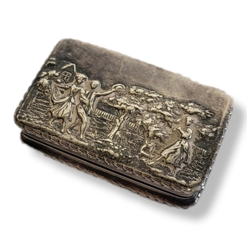 61 - A VINTAGE SILVER FIGURAL RECTANGULAR SNUFF BOX
With embossed rustic scene to lid, hallmarked ‘Bicent... 