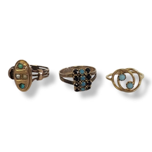 9a - A COLLECTION OF THREE VINTAGE YELLOW METAL AND TURQUOISE RINGS
To include a ring with two cabochon c... 