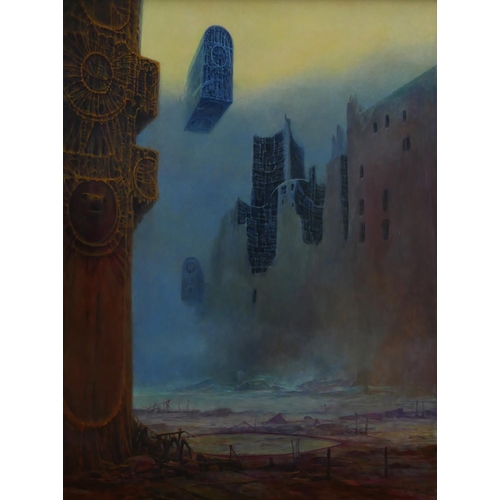 503 - ZDZISLAW BEKSINSKI, 1929 - 2005, POLISH, OIL ON FIBREBOARD
Untitled surrealist apocalyptic landscape... 