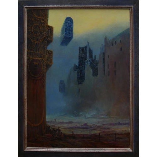 503 - ZDZISLAW BEKSINSKI, 1929 - 2005, POLISH, OIL ON FIBREBOARD
Untitled surrealist apocalyptic landscape... 