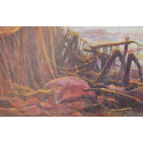 503 - ZDZISLAW BEKSINSKI, 1929 - 2005, POLISH, OIL ON FIBREBOARD
Untitled surrealist apocalyptic landscape... 