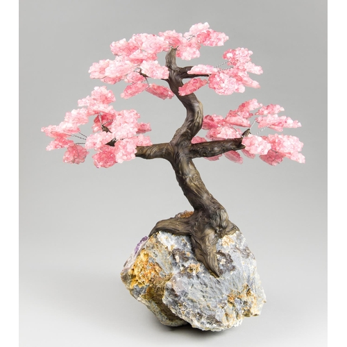 83 - A LARGE ROSE QUARTZ GEMSTONE TREE ON AMETHYST GEODE
(h 47cm x w 45cm x d 35cm)